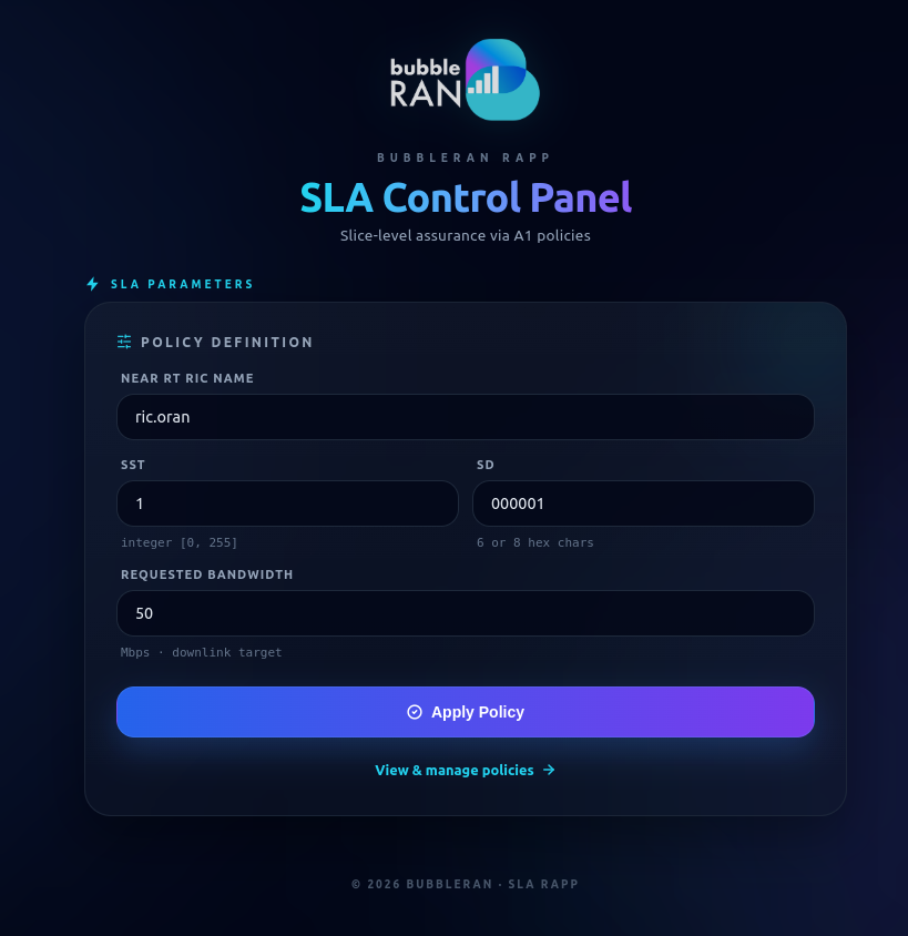 SLA Control Panel of the SLA Dynamic rApp