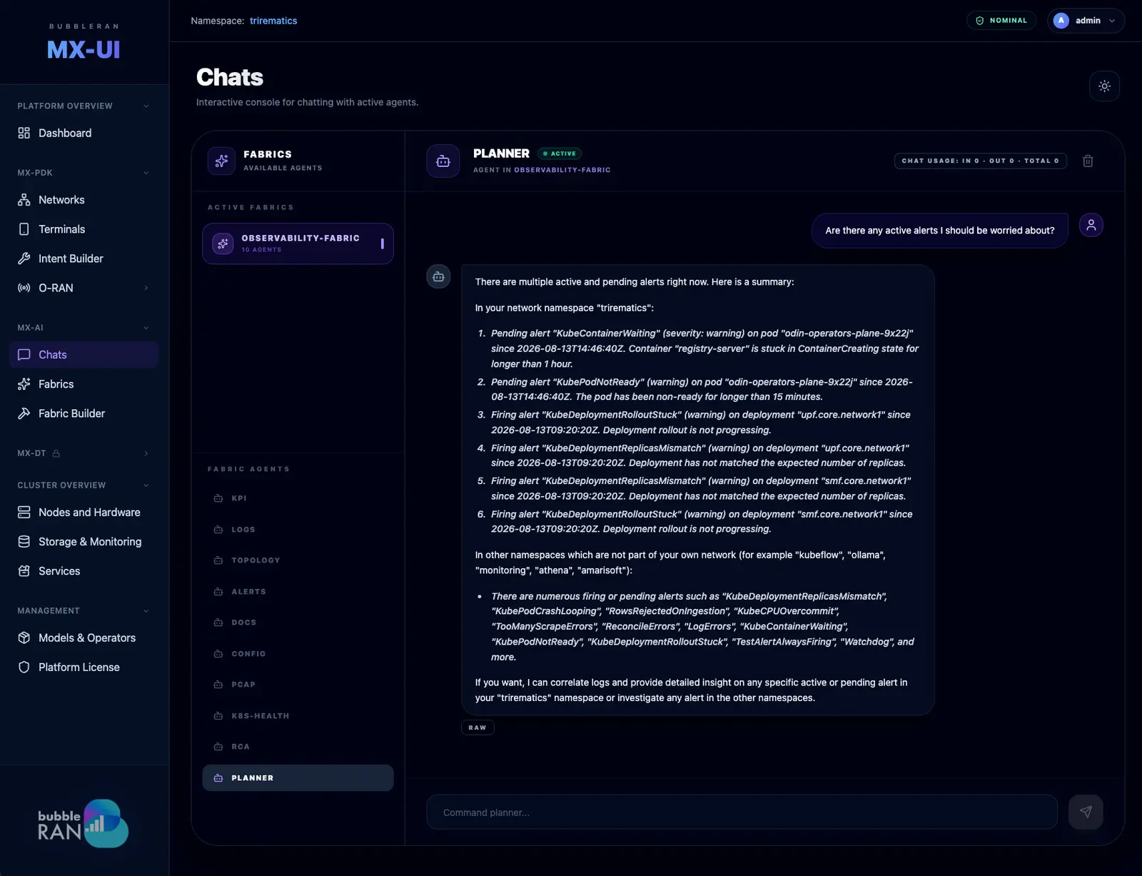 The MX-UI Chats console: the Observability Planner answering a question about active alerts with specific deployments, severities and timestamps